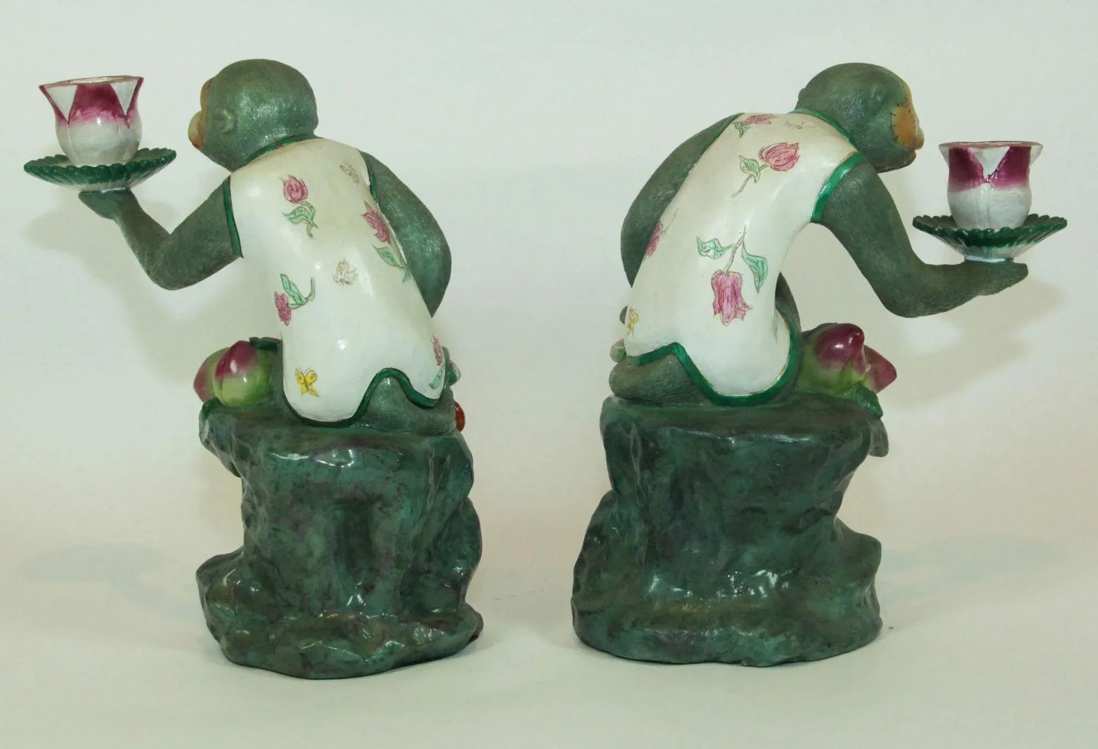 Chinoiserie Monkey Figurine Resin Candle Holders Green and Pink a Pair - 5