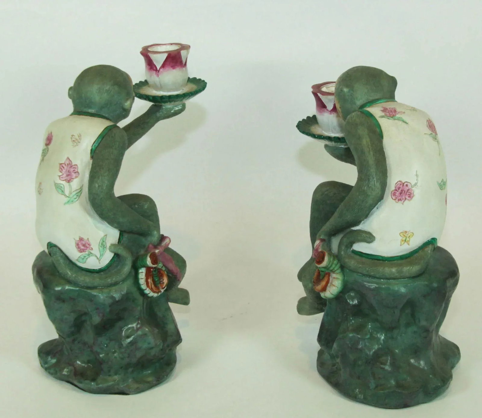 Chinoiserie Monkey Figurine Resin Candle Holders Green and Pink a Pair - 6