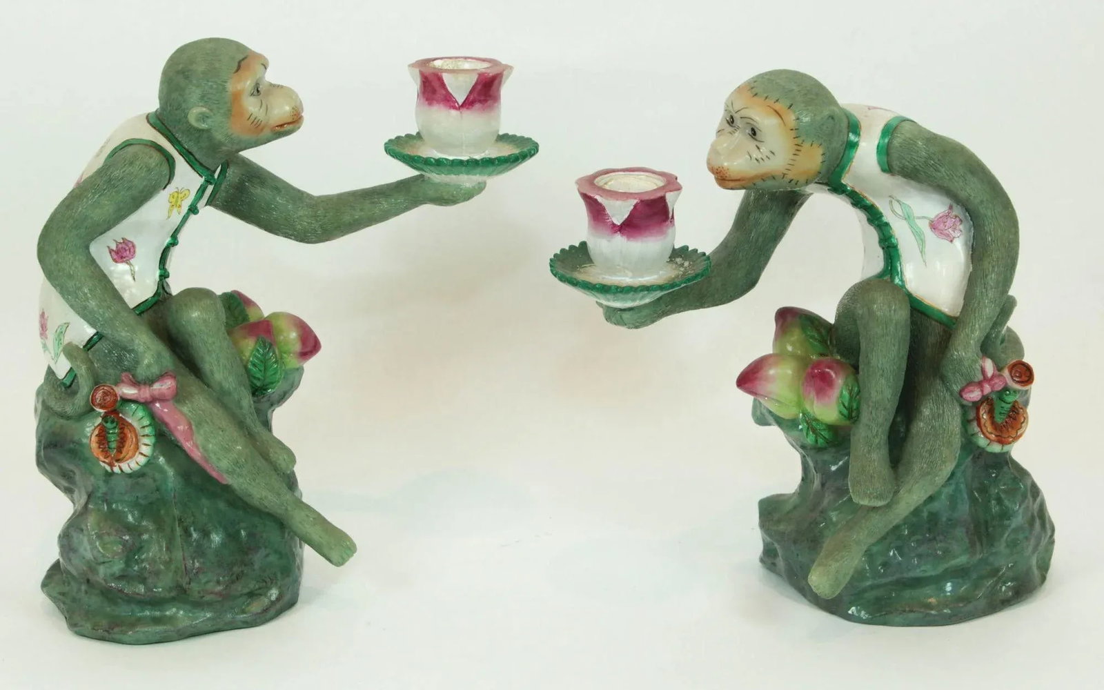 Chinoiserie Monkey Figurine Resin Candle Holders Green and Pink a Pair - 7