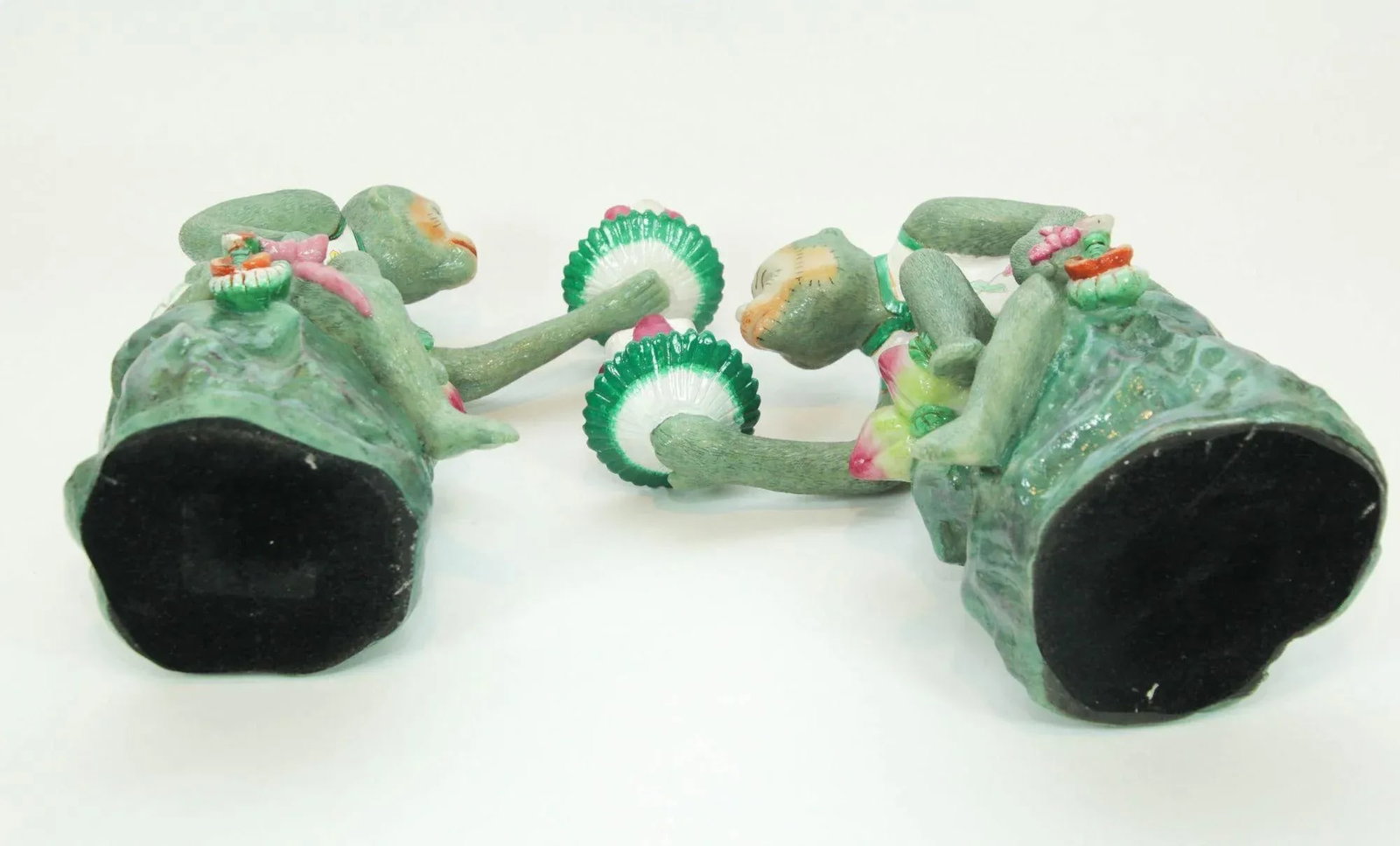 Chinoiserie Monkey Figurine Resin Candle Holders Green and Pink a Pair - 8
