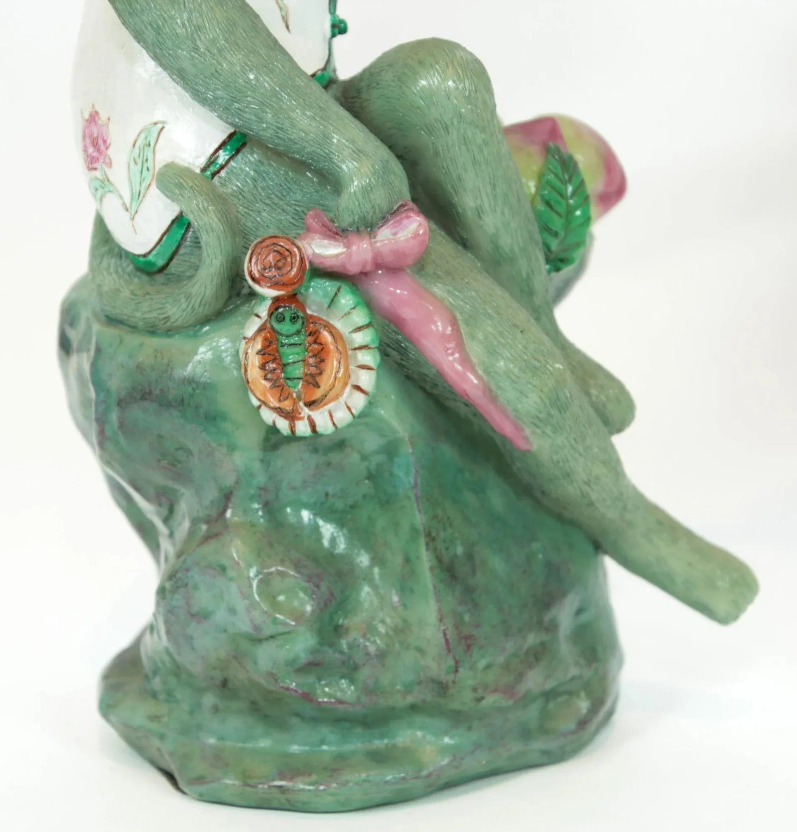 Chinoiserie Monkey Figurine Resin Candle Holders Green and Pink a Pair - 9