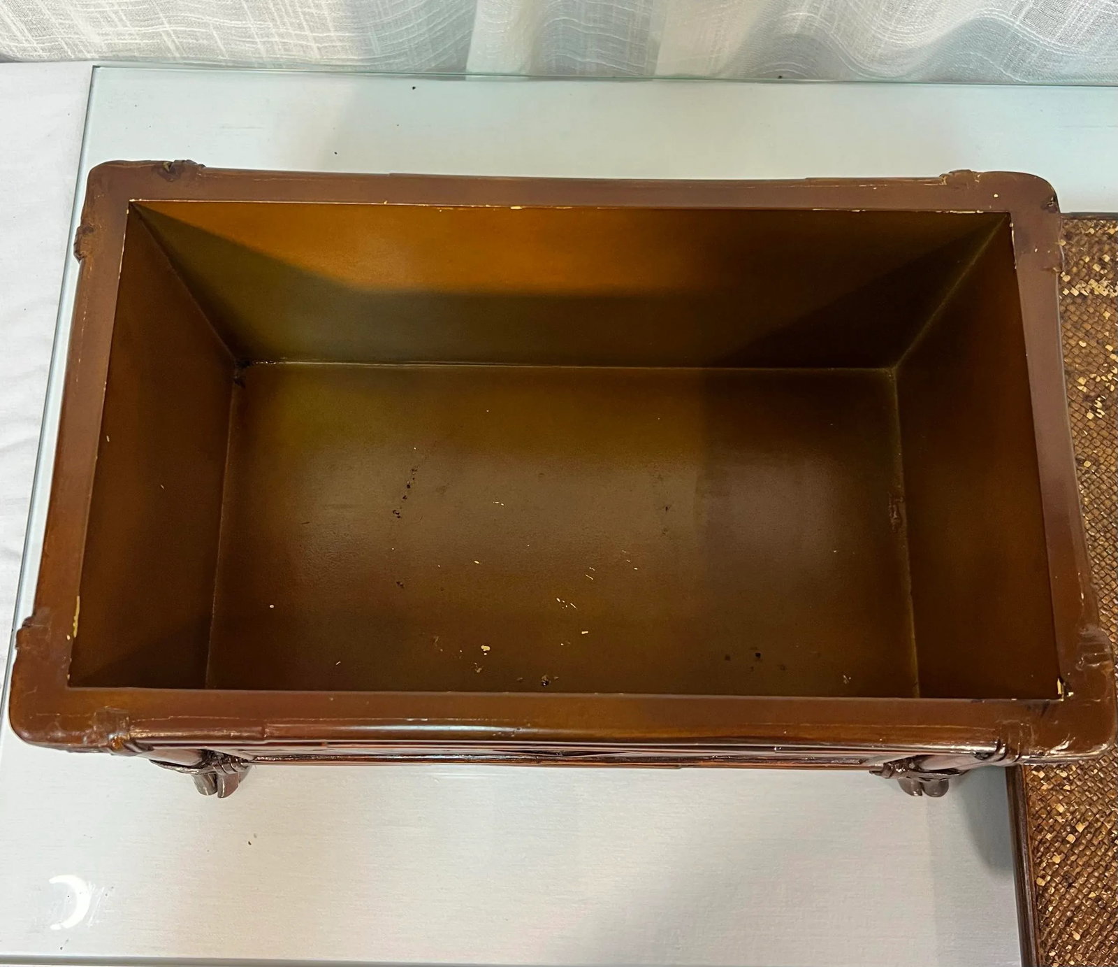Vintage Large Faux Bamboo and Rattan Memory Keepsake Box With Decorative Brass Handle - 8