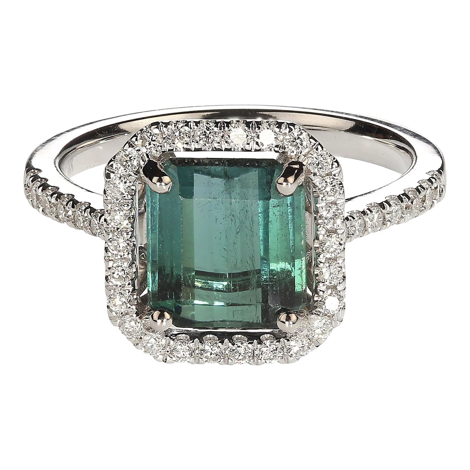 Green Tourmaline and Diamond Dinner Ring Size 6.5: Introducing a stunning Brazilian Green Tourmaline and Diamond Dinner Ring, a timeless piece that exudes elegance and sophistication. This exquisite ring features a gleaming emerald-cut bluish-green