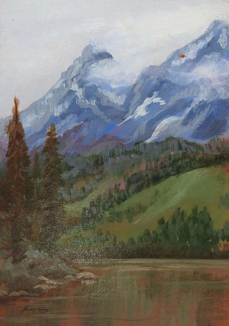 Late 20th Century Mountain River Landscape Painting: Acrylic on mat board painting of mountains and river. Signed Frances lower left corner, small area paint loss upper right corner. Unframed. Condition: Alterations: Original Condition Unaltered