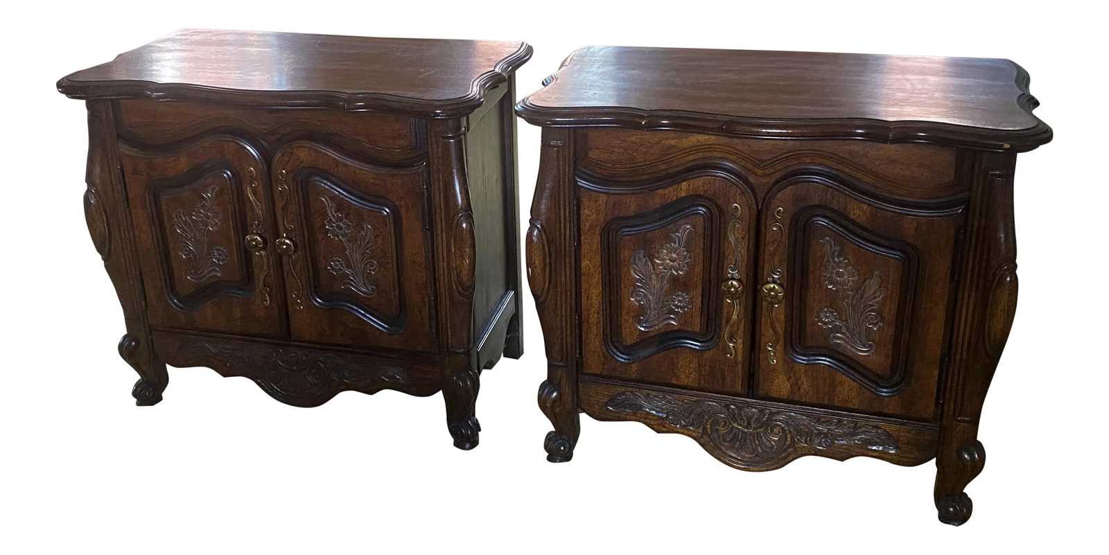 French Country Carved Dark Wood Nightstands Side End Tables- a Pair: This is a nice looking very sturdy pair of French Country style dark stained solid wood bedside or occasional tables with two doors that open to one removable shelf in each. They are decorated on the 
