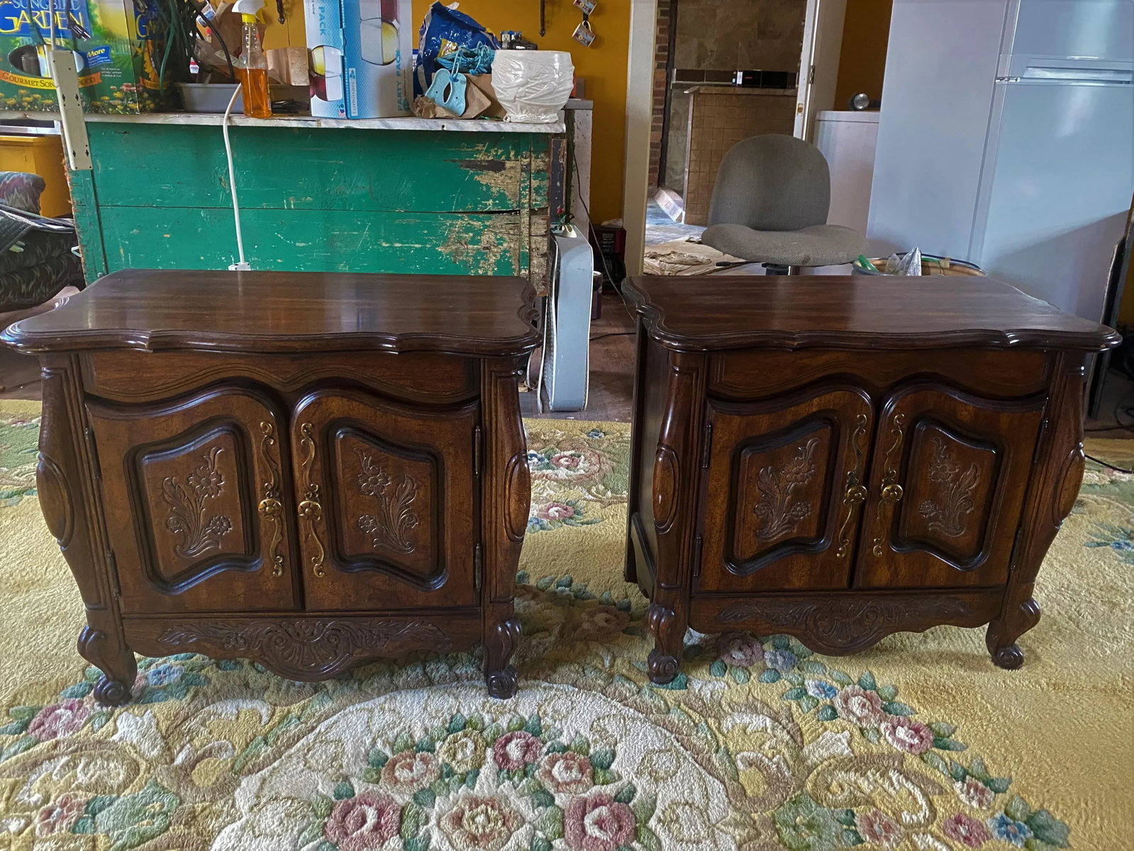 French Country Carved Dark Wood Nightstands Side End Tables- a Pair - 2