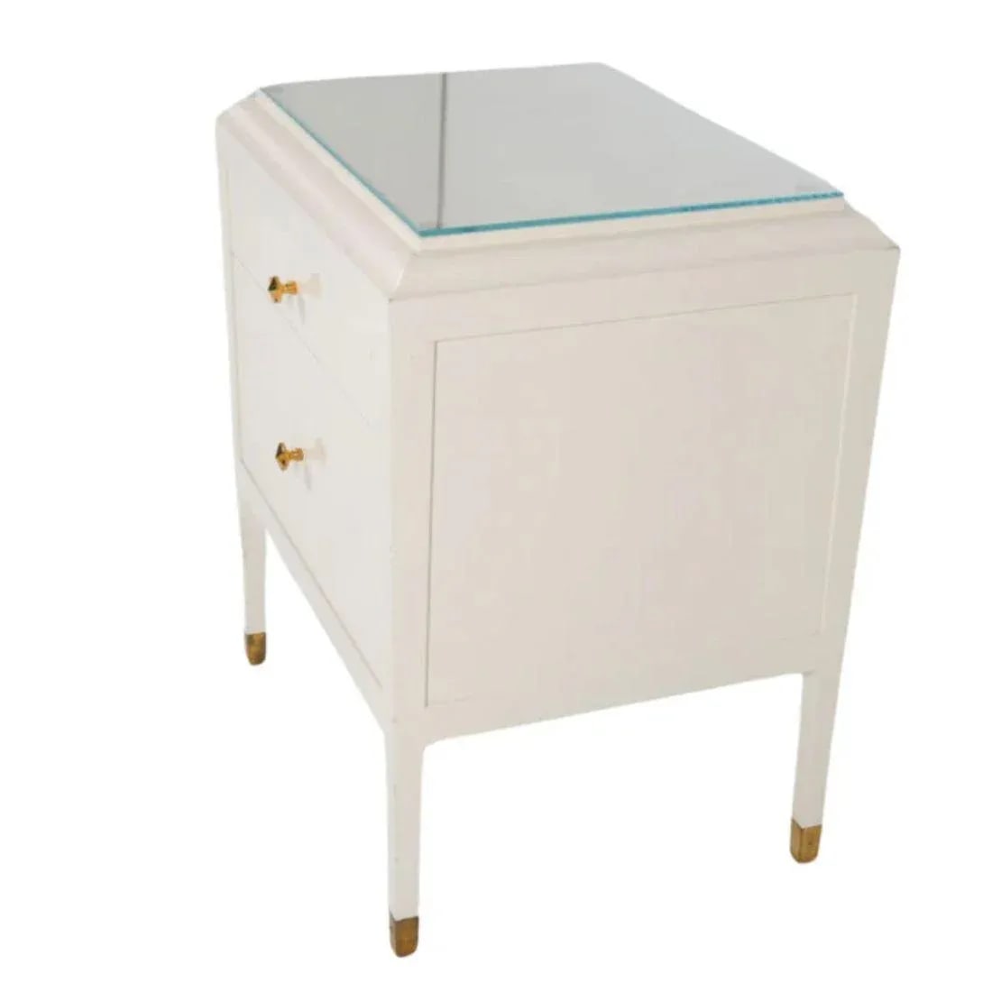 Contemporary White Lacquered Nightstand With Brass Fittings and Glass Top - 2