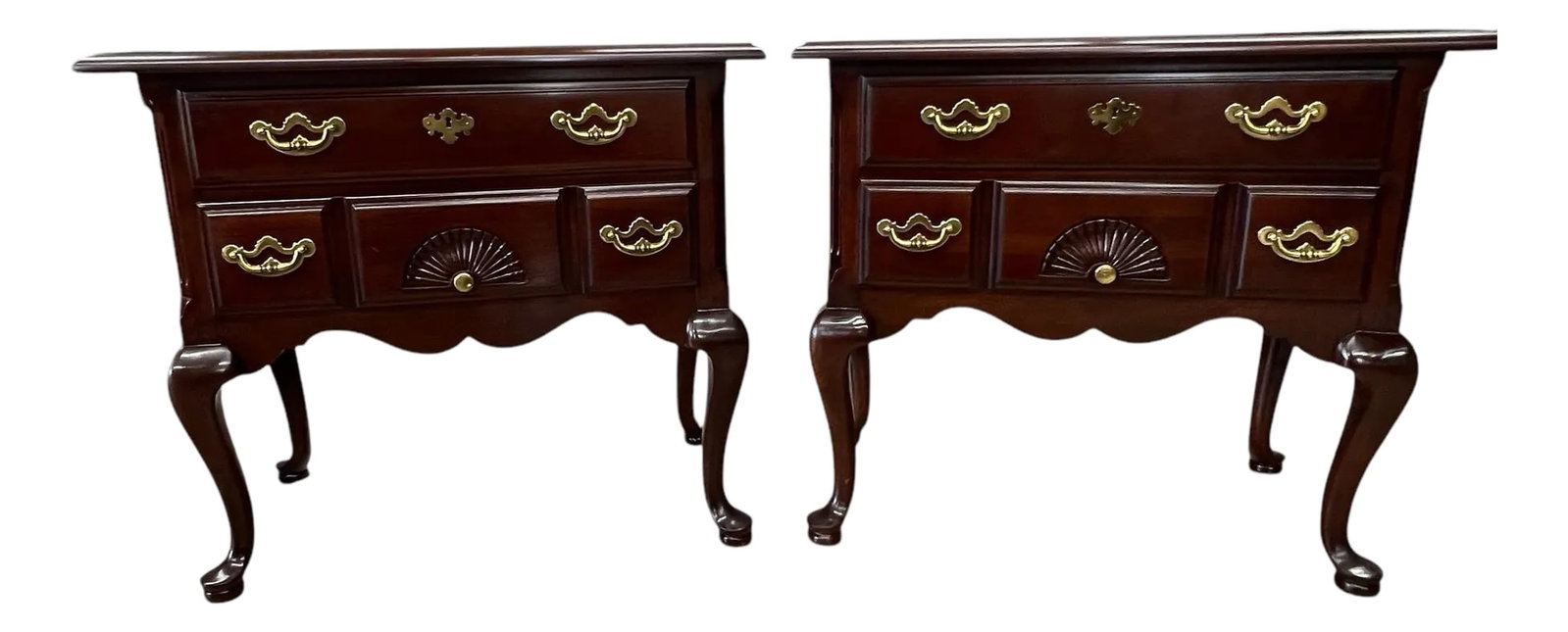 Thomasville Mahogany Two Drawer Large Size Nightstand/ Side Table - A Pair: Offering this pair of Thomasville mahogany large size two drawer nightstands or could be used as side tables. Queen Anne legs hold the two drawers accented with nice shiny brass hardware. Includes pro