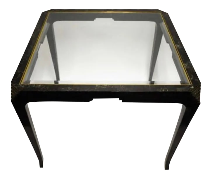 1970s Maitland Smith Tessellated Marble and Glass GameTable: Vintage Maitland-Smith game table or small dining table. Tessellated black / dark green marble finish on a wooden frame with glass top and brass finish detailing on corners. Beautifully made and in gr