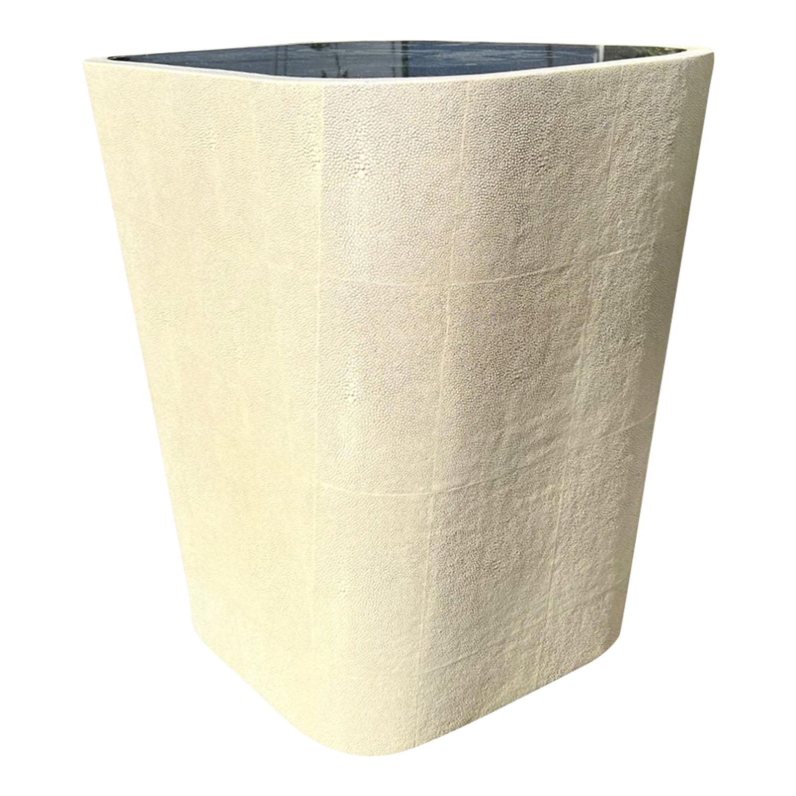 Shagreen Plinth Side Table With Mercury Mirror Top: Faux shagreen side table in ivory color with antiqued mirror top. Used briefly for staging a residence in the Montage Beverly Hills in as-new condition. Curved corners and resilient surface mimicking 