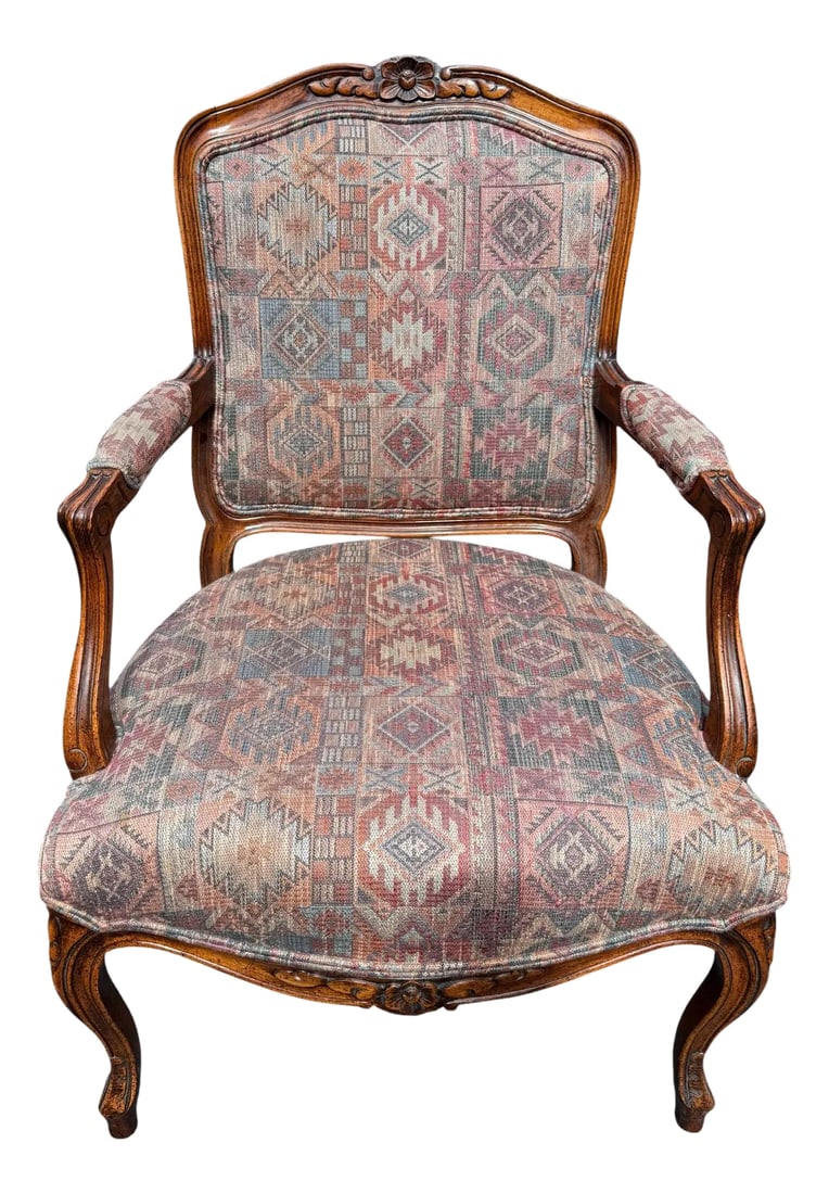 Late 20th Century Henredon French Louis XV Style Fauteuil Armchair With Floral Carvings and Southwes: Henredon French Louis XV Style Fauteuil Armchair With Floral Carvings and Southwest Upholstery. This beautiful chair expertly mixes French frame styling with Southwestern US style upholstery. The chai