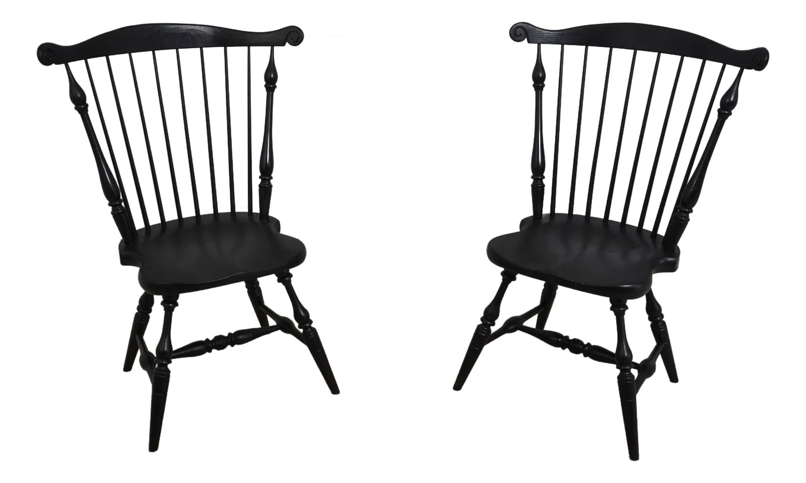 Pair Black Painted Comb Back Windsor Armchairs: Age: Approx: 30 Years Old Details: Comb Or Fan Back Design High Quality Construction Primitive Windsor Style Wide Fan Backs Un-Marked As To Manufacture Condition: Excellent Original Finish &