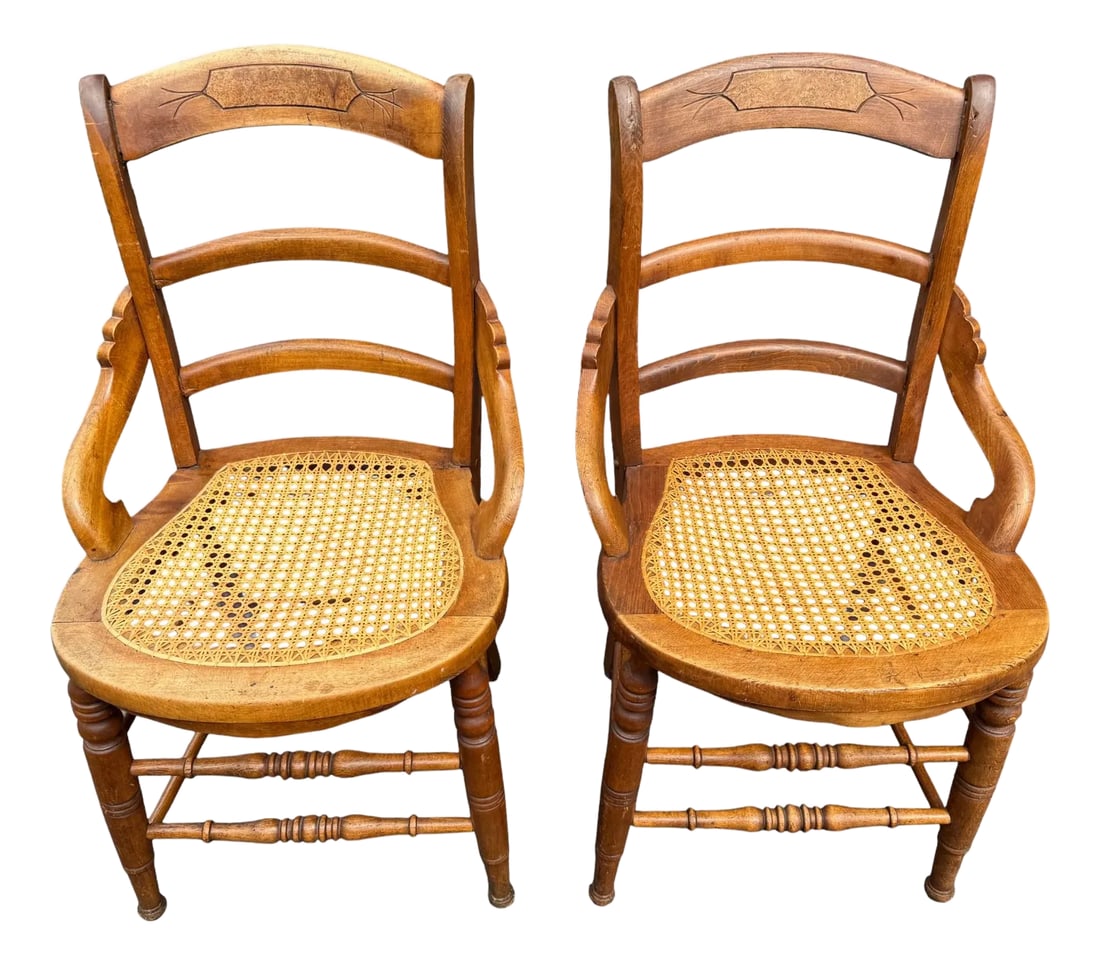 Late 19th Century Pair of Victorian Walnut Armchairs: Quick Hits: Style: Victorian Number of Seats: 2 (Pair) Materials: Caning, Wood Dimensions: 18''W * 19''D * 33.75''H More About This Item: Introduce timeless elegance to your home with these wooden cha