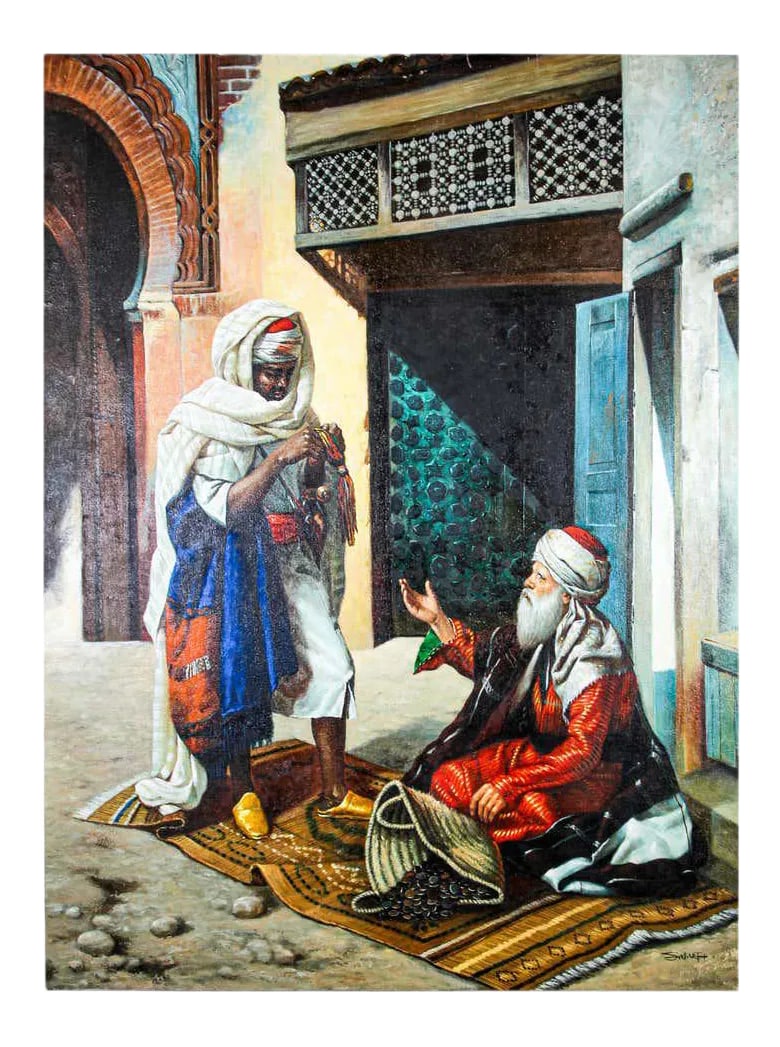 Moroccan Moorish Oil Painting: Moroccan Orientalist oil on canvas painting of a 19th century Moroccan market scene with an old men seating on a carpet selling old coins and a Moorish men standing and checking the goods. The