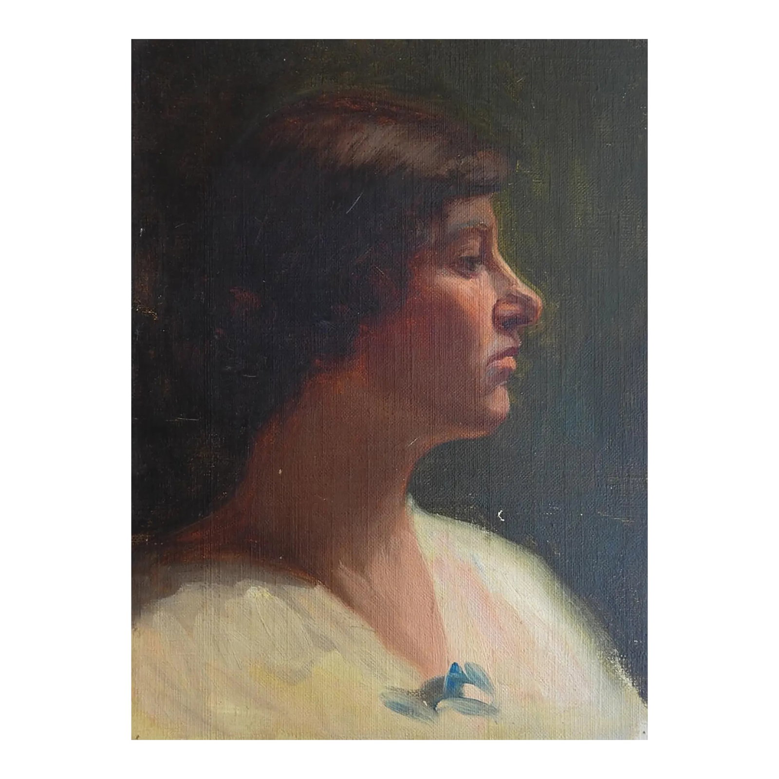 Early 20th Century Woman in White Dress Portrait Painting: Early 20th century oil on canvas portrait painting of woman in white dress with blue ribbon by Frederick B. Kress (1888-1970) California. Artist estate stamp on verso. Unframed, unstretched flat