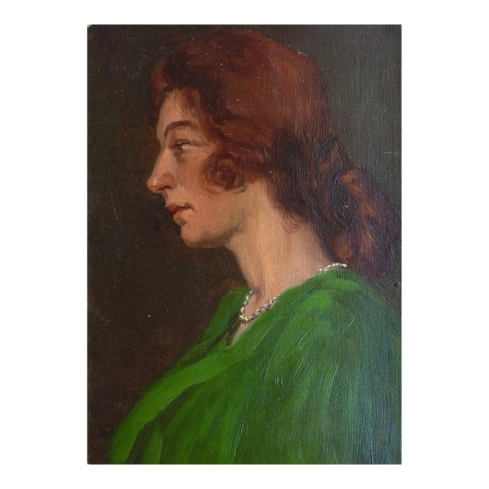 Early 20th Century Woman in Green Dress Portrait Painting: Early 20th century oil on canvas portrait painting of woman with long red hair in a green dress by Frederick B. Kress (1888-1970) California. Artist estate stamp on verso. Unframed, unstretched flat