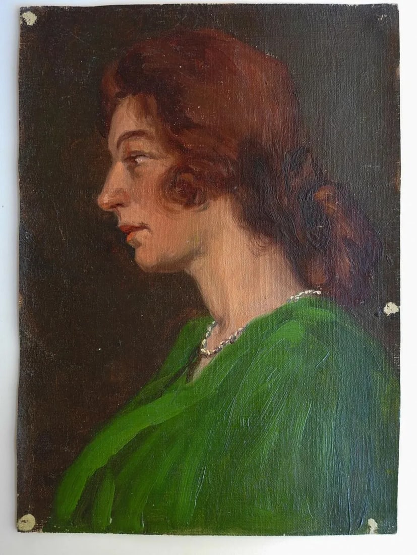 Early 20th Century Woman in Green Dress Portrait Painting - 3