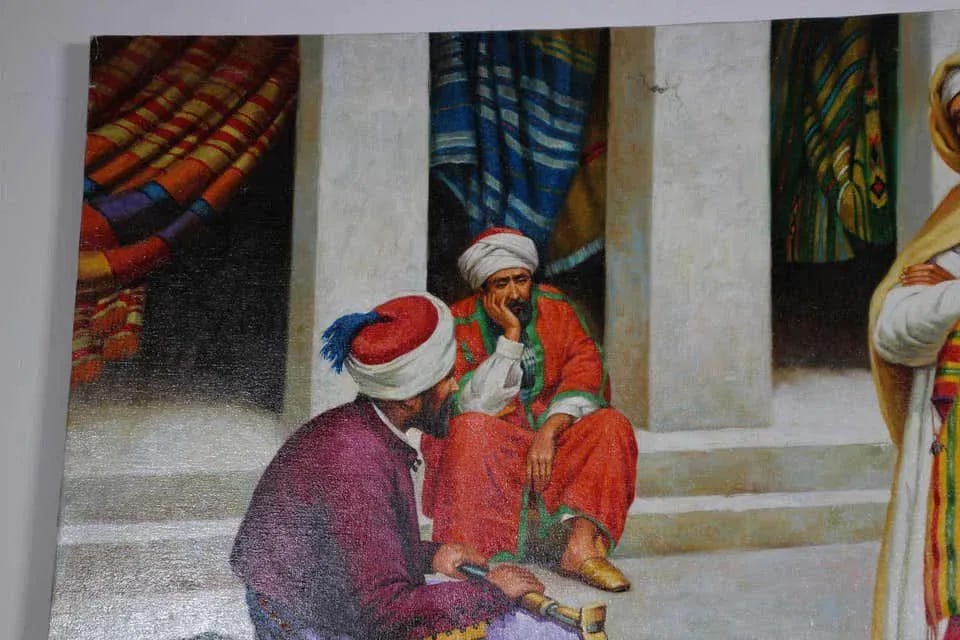 Moroccan Orientalist Oil Painting of a Rug Market - 10