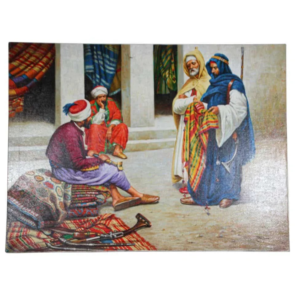 Moroccan Orientalist Oil Painting of a Rug Market - 11