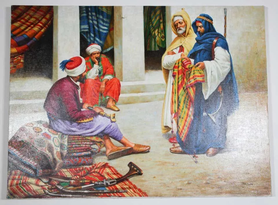 Moroccan Orientalist Oil Painting of a Rug Market - 2