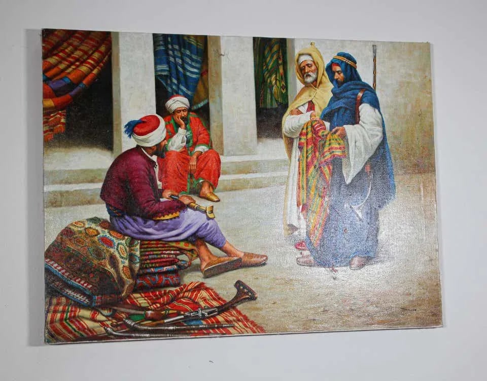 Moroccan Orientalist Oil Painting of a Rug Market - 3