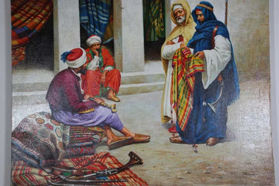 Moroccan Orientalist Oil Painting of a Rug Market - 4