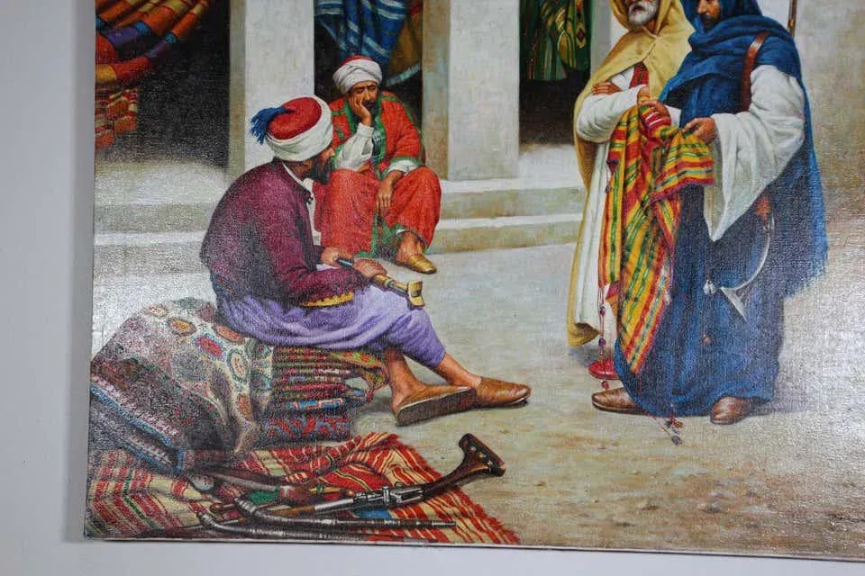 Moroccan Orientalist Oil Painting of a Rug Market - 7