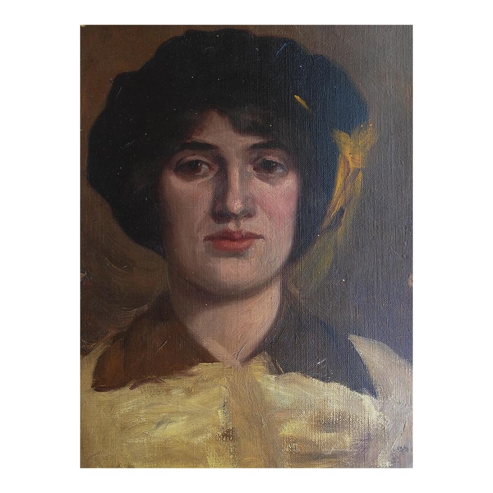 Early 20th Century Woman in Black Hat Portrait Painting: Early 20th century oil on canvas portrait painting of woman in black hat and yellow dress by Frederick B. Kress (1888-1970) California. Artist estate stamp on verso. Unframed, unstretched flat
