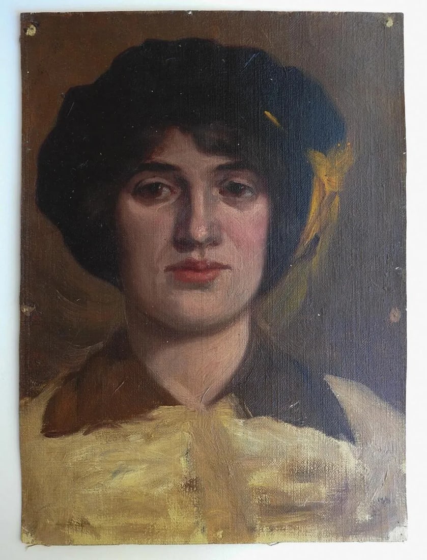 Early 20th Century Woman in Black Hat Portrait Painting - 2