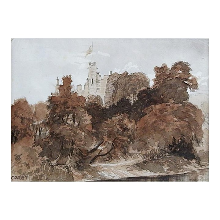 Small 1871 Bothal Castle Impressionist Watercolor Study Painting: Watercolor on paper of Bothal Castle, Northumberland, England. A student work, signed Corot lower left corner, location and date 1871 in pen on verso. Unframed. Displayed in mat and backing, opening