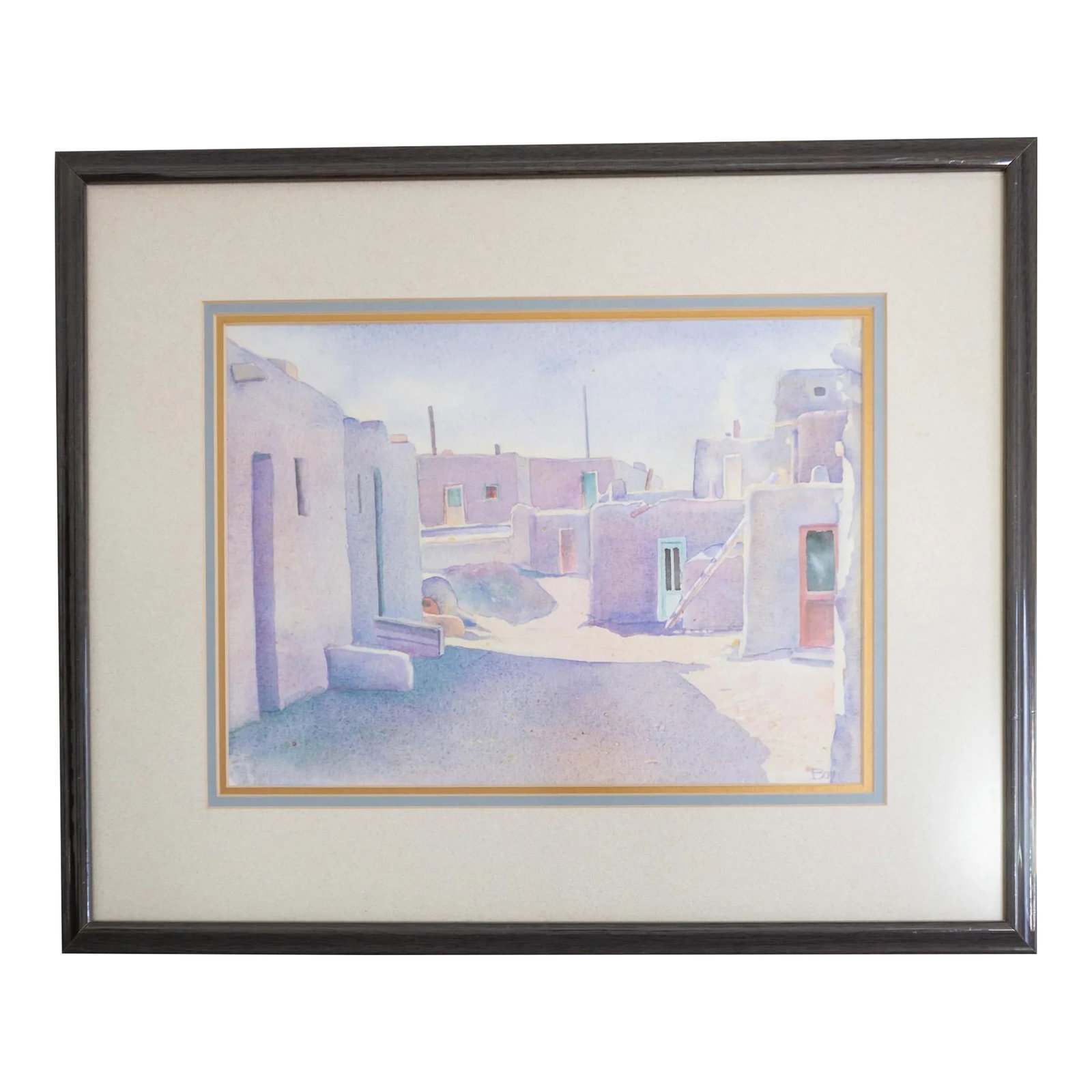 Watercolor of a Village in New Mexico by Leigh Anne Boy: This serine watercolor landscape of a New Mexico village in soft and cool pastel blues, purples, greens, and pinks features a settlement of square adobe homes in a harmonious composition of color, lin