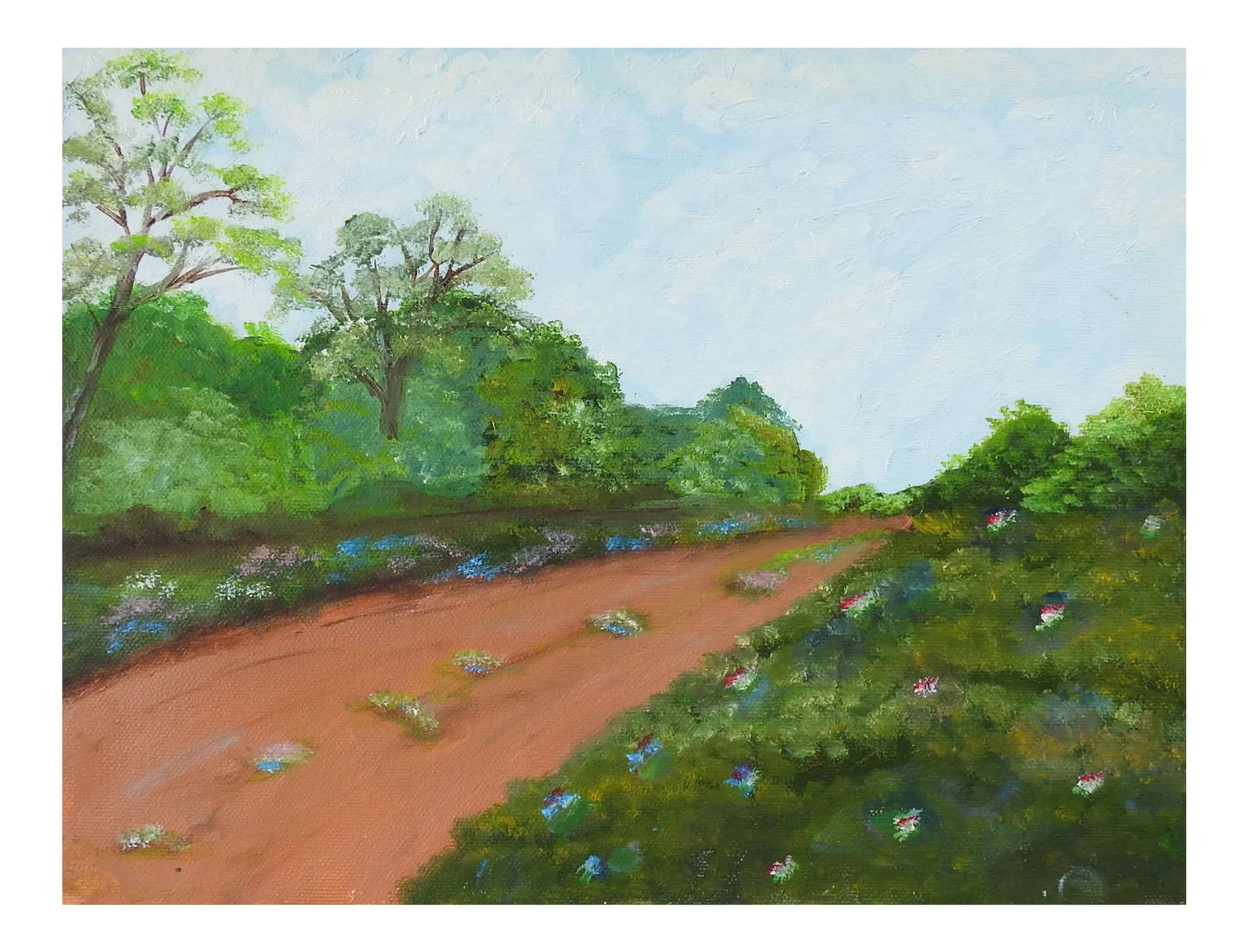 Late 20th Century Country Road Landscape Painting: Oil on paper of country road. Unsigned. Unframed. Condition: Alterations: Original Condition Unaltered Imperfections: Some Imperfections Condition Notes: excellent Materials & Techniques: Paper W
