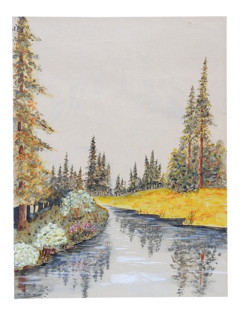 Riverside Evergreens Watercolor Painting: Circa 1940's watercolor and gouache on paper. Landscape with river, evergreens and mist covered mountain in background. Unsigned. Unframed, age toning. Condition: Alterations: Original Condition Unalt