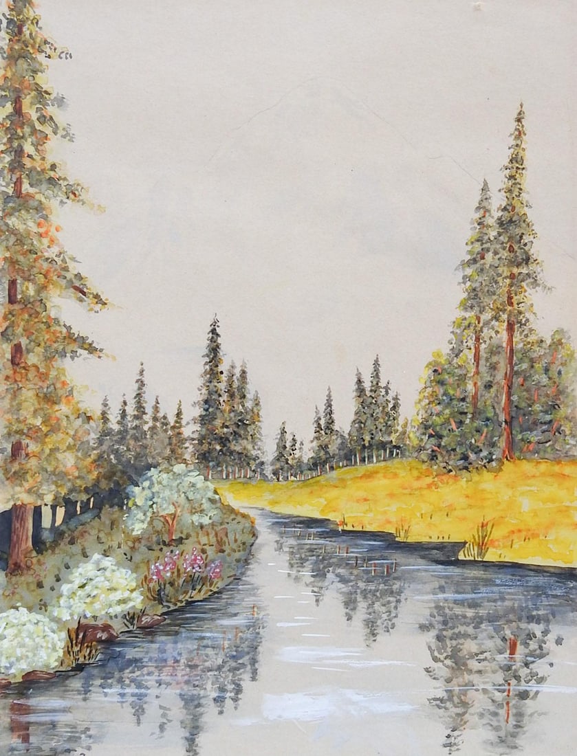 Riverside Evergreens Watercolor Painting - 2