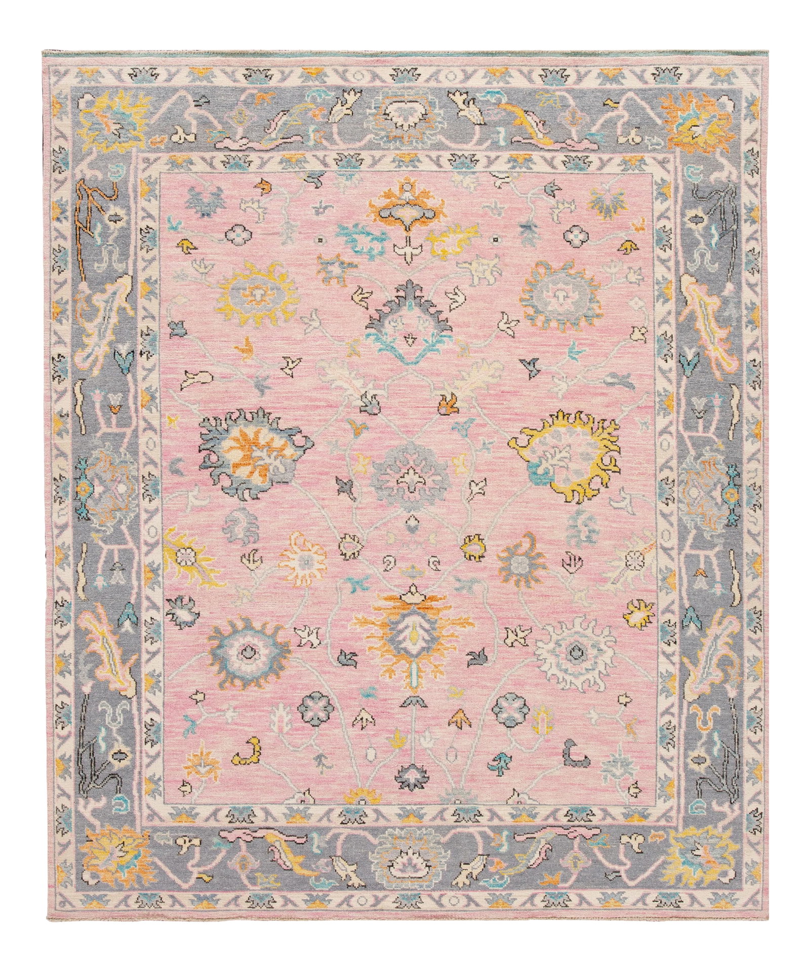 21st Century Contemporary Modern Oushak Style Wool Rug: Beautiful contemporary Oushak rug, hand-knotted wool with a pink field, and multicolor accents in all-over floral design, This rug measures: 8'2" x 10'1". Condition: Imperfections: No Imperfections Ma