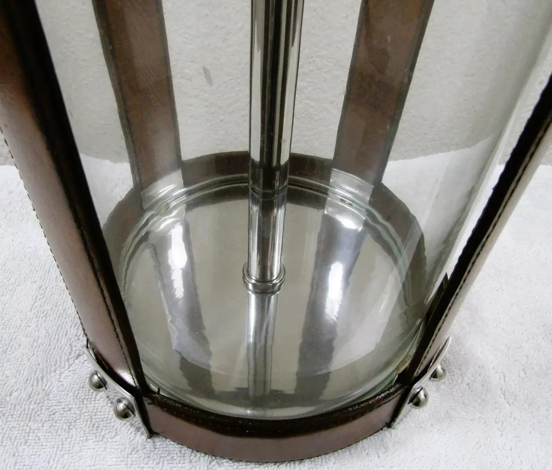 Matched Pair Large Glass and Leather Hurricane Lantern Table Lamps in the Style of Ralph Lauren - 10