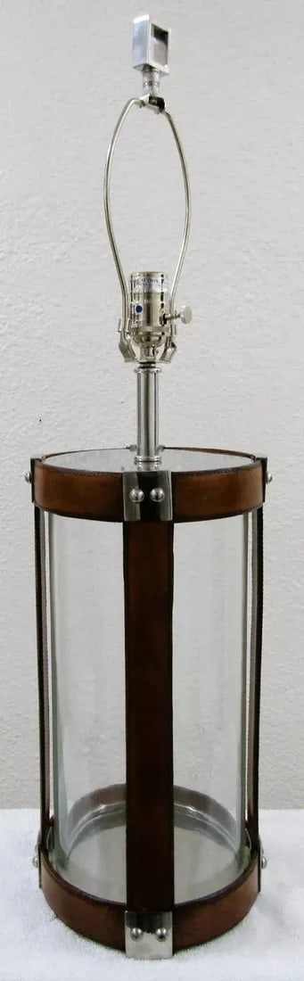 Matched Pair Large Glass and Leather Hurricane Lantern Table Lamps in the Style of Ralph Lauren - 11