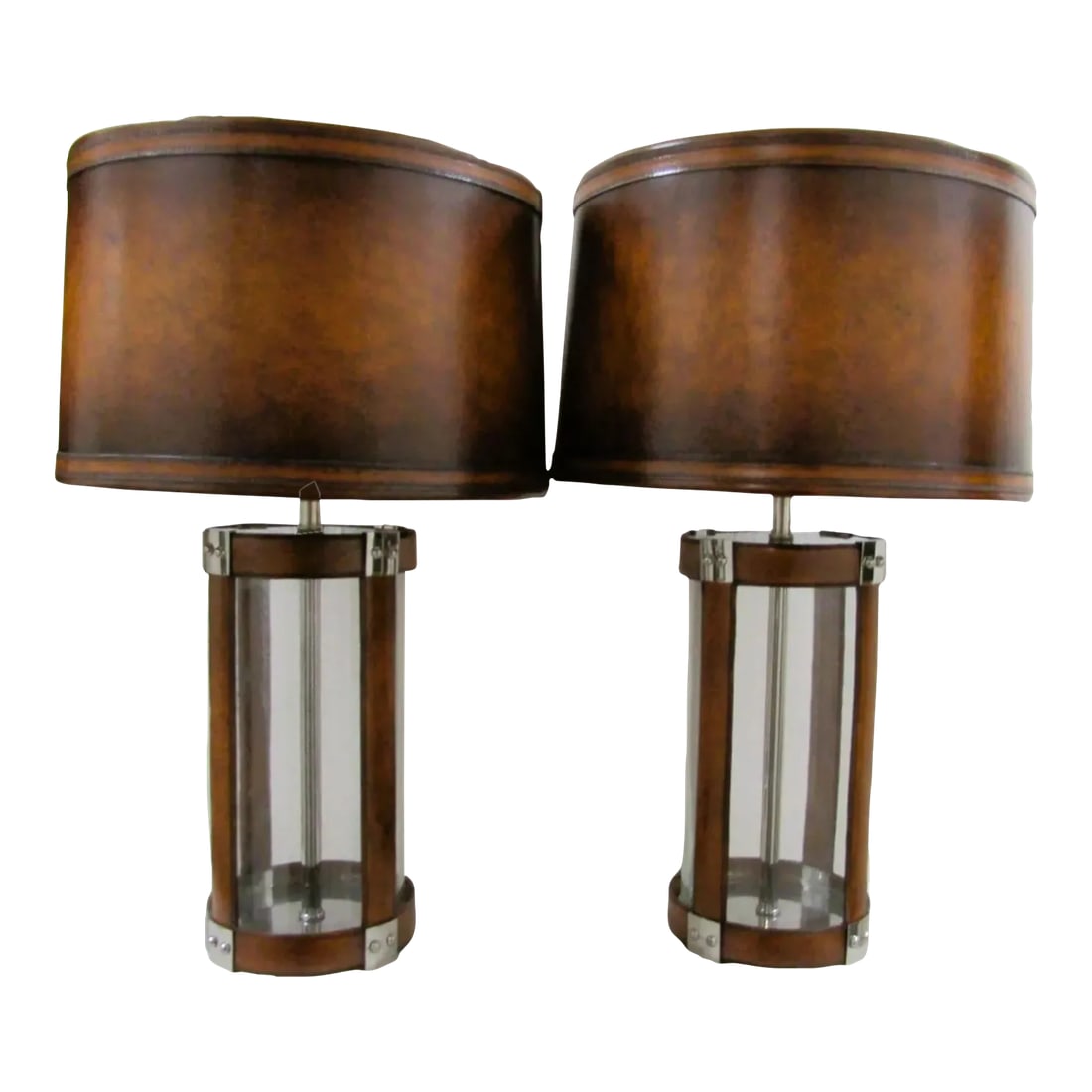 Matched Pair Large Glass and Leather Hurricane Lantern Table Lamps in the Style of Ralph Lauren (1 of 12)
