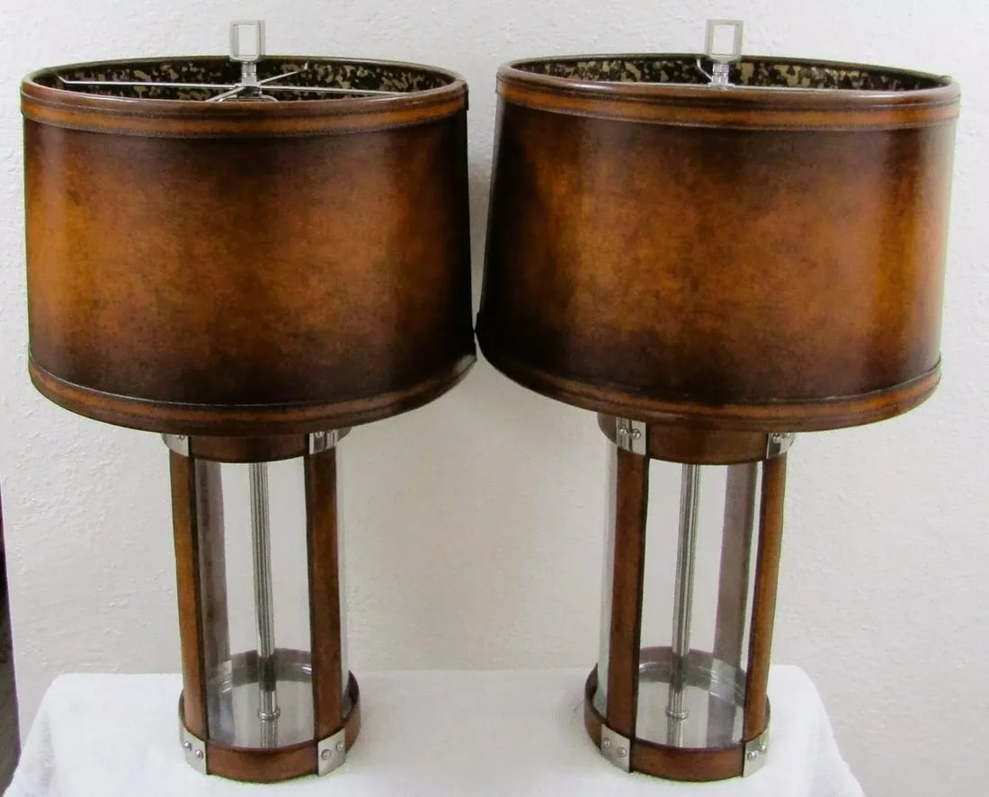 Matched Pair Large Glass and Leather Hurricane Lantern Table Lamps in the Style of Ralph Lauren - 2