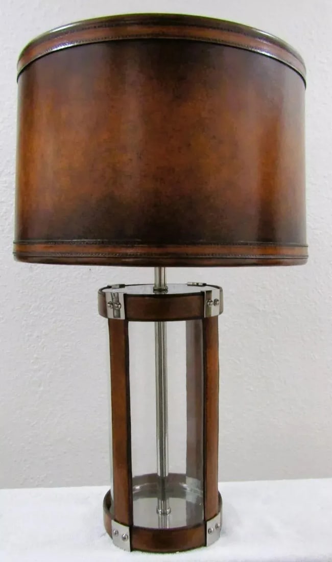 Matched Pair Large Glass and Leather Hurricane Lantern Table Lamps in the Style of Ralph Lauren - 3