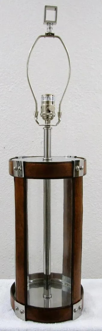 Matched Pair Large Glass and Leather Hurricane Lantern Table Lamps in the Style of Ralph Lauren - 7