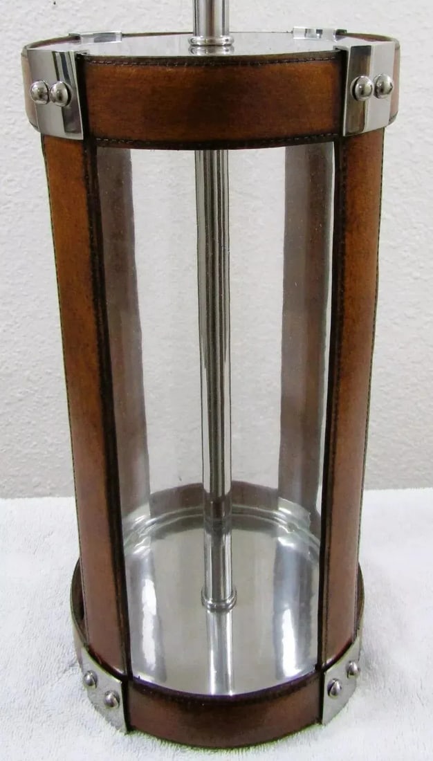 Matched Pair Large Glass and Leather Hurricane Lantern Table Lamps in the Style of Ralph Lauren - 8