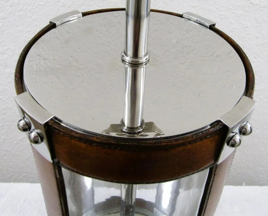 Matched Pair Large Glass and Leather Hurricane Lantern Table Lamps in the Style of Ralph Lauren - 9