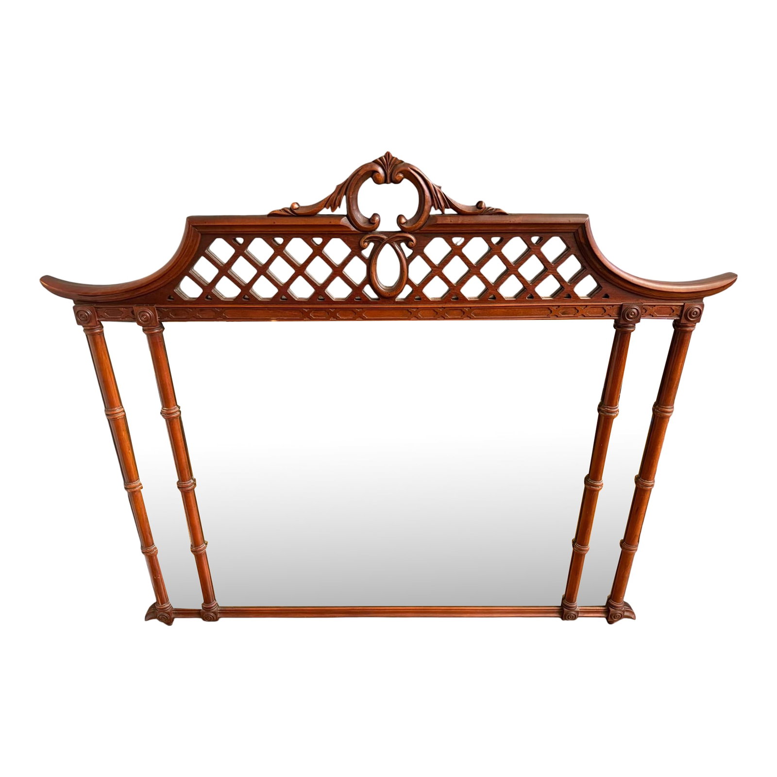1940s Pennsylvania Furniture Co. Chinoiserie Mirror: Quick Hits: Vintage 1940s mirror by Pennsylvania Furniture Co. Intricate chinoiserie-style fretwork with bamboo column supports Perfect for Hollywood Regency or Art Deco-inspired interiors Over 4 feet