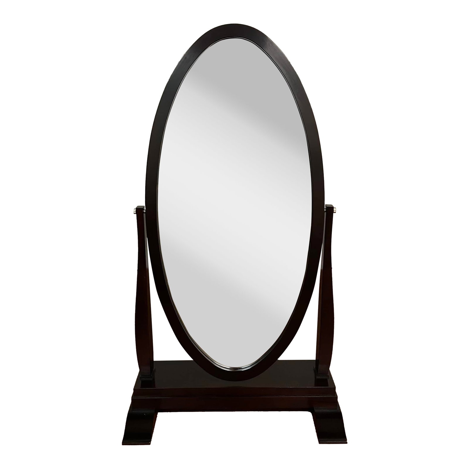 Barbara Barry for Baker Furniture Cheval Mirror: Gorgeous Barbara Barry for Baker Furniture cheval mirror in Java finish. This is a large, tall floor-standing mirror fitted at its middle to an upright frame so that it can be tilted. The base is