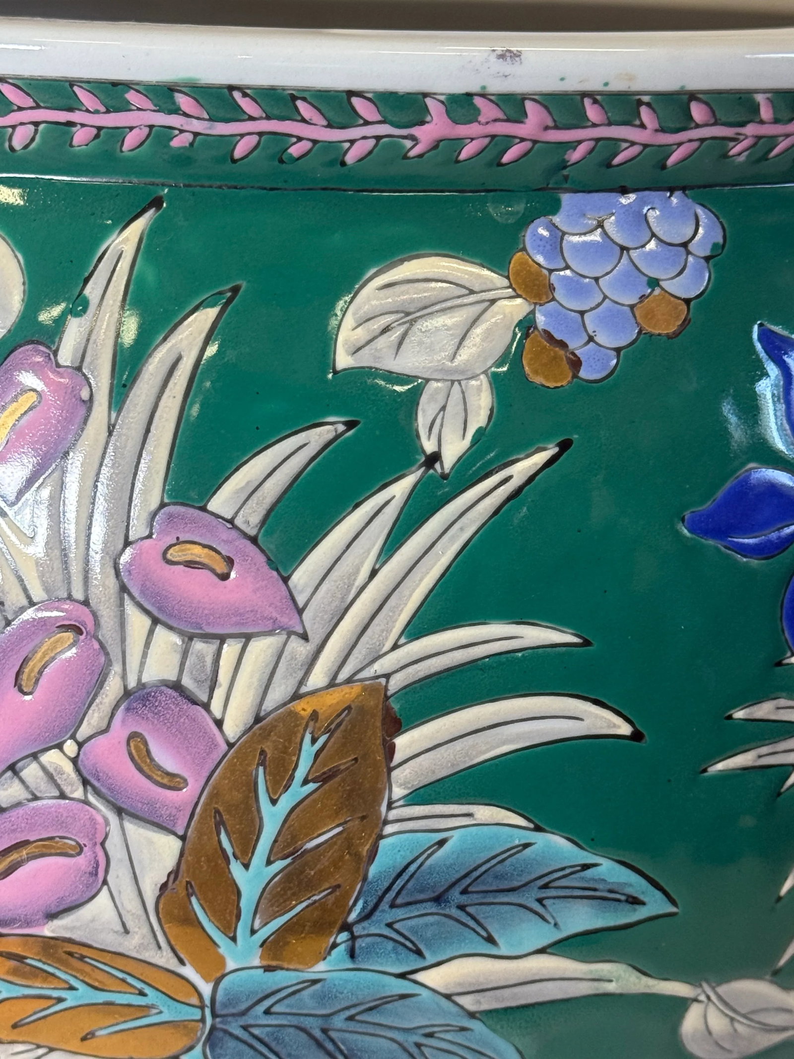 Vintage Hand-Painted Chinese Porcelain Koi Fish Bowl Planter - Tropical Floral Design With Metallic - 3