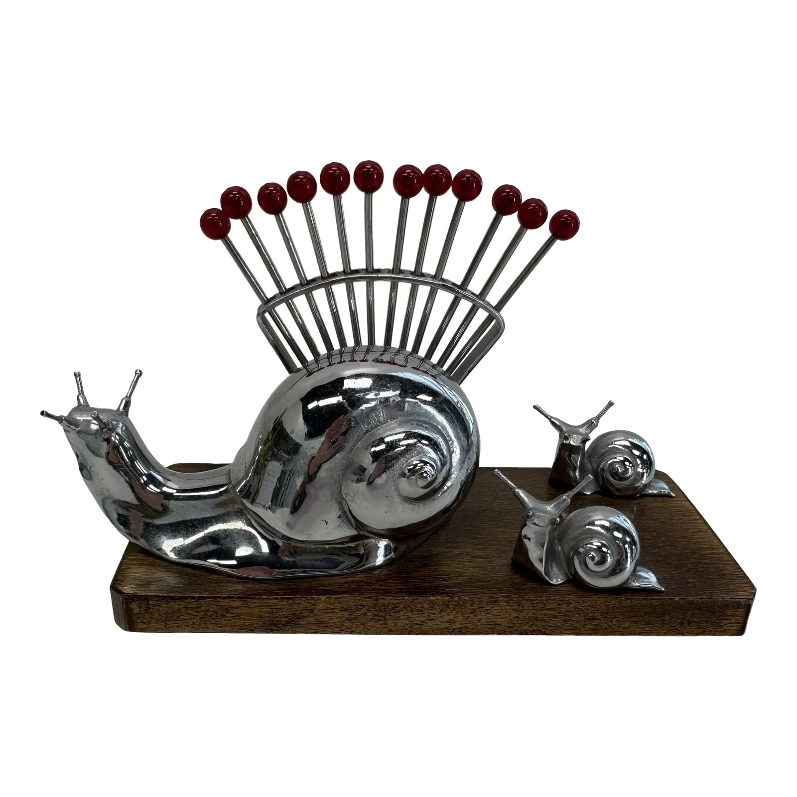 Early 20th Century Chrome Snail Cocktail Skewer / Escargot Fork Holder: French Art Deco Chrome Snail Cocktail Pick/ Escargot Fork Holder with red tips 12 picks Condition: Alterations: Original Condition Unaltered Imperfections: Some Imperfections Condition Notes: Some of