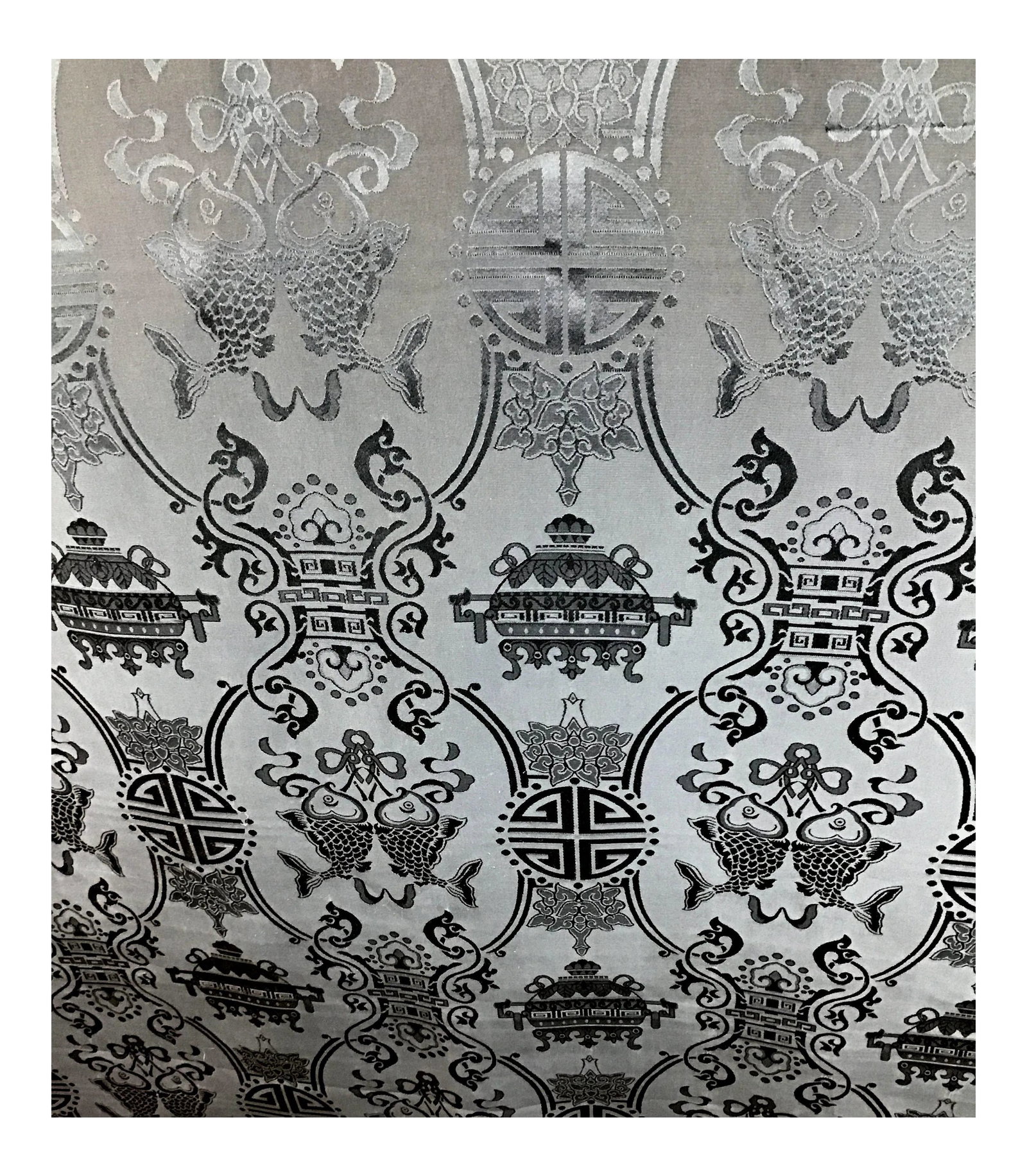 Pure Silk Chi-Noise Jacquard Fabric Textile: 100 percent pure silk heavy jacquard woven in China during the 1990s. This lovely single run of fabric is double-sided so it can be used for a gorgeous room divider or curtain. Use it for pillows, of