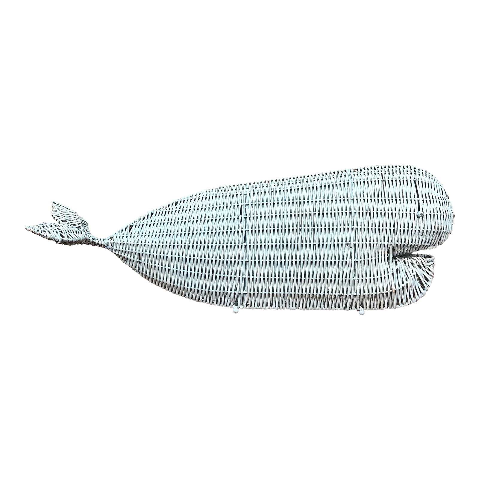 Vintage 1970's Nautical Coastal / BoHo Chic Light Blue Wicker Whale Table Decor: Fabulous vintage nautical / coastal light blue wicker whale figure! Great piece, and an impressive size as well, coming in at nearly 34" in width! This is a great piece for any coastal decor, and
