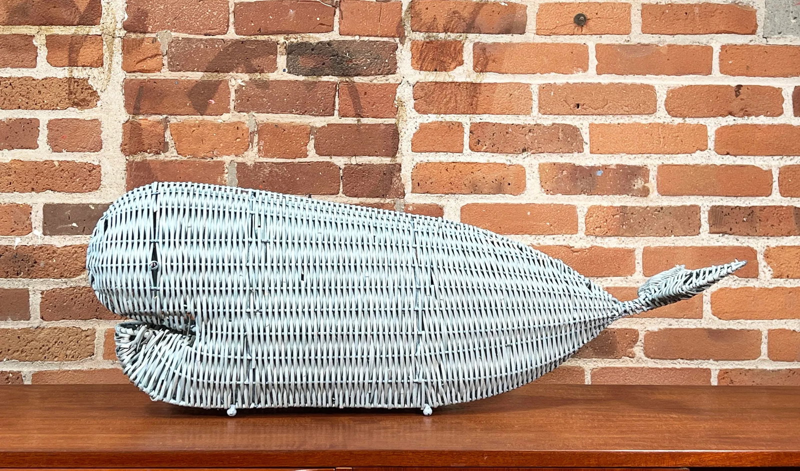 Vintage 1970's Nautical Coastal / BoHo Chic Light Blue Wicker Whale Table Decor - 2